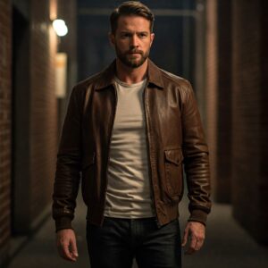 A man wearing a brown leather bomber jacket walking in a dimly lit alley.