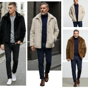 Styling ideas for men's fur faux jackets, creating fashionable outfits.
