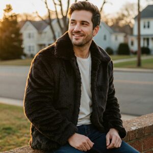 Man comfortably wearing a warm fur faux jacket outdoors.