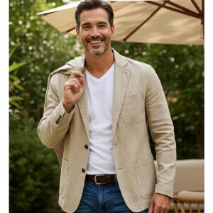 Casual beige linen jacket for men, ideal for a relaxed yet stylish look.
