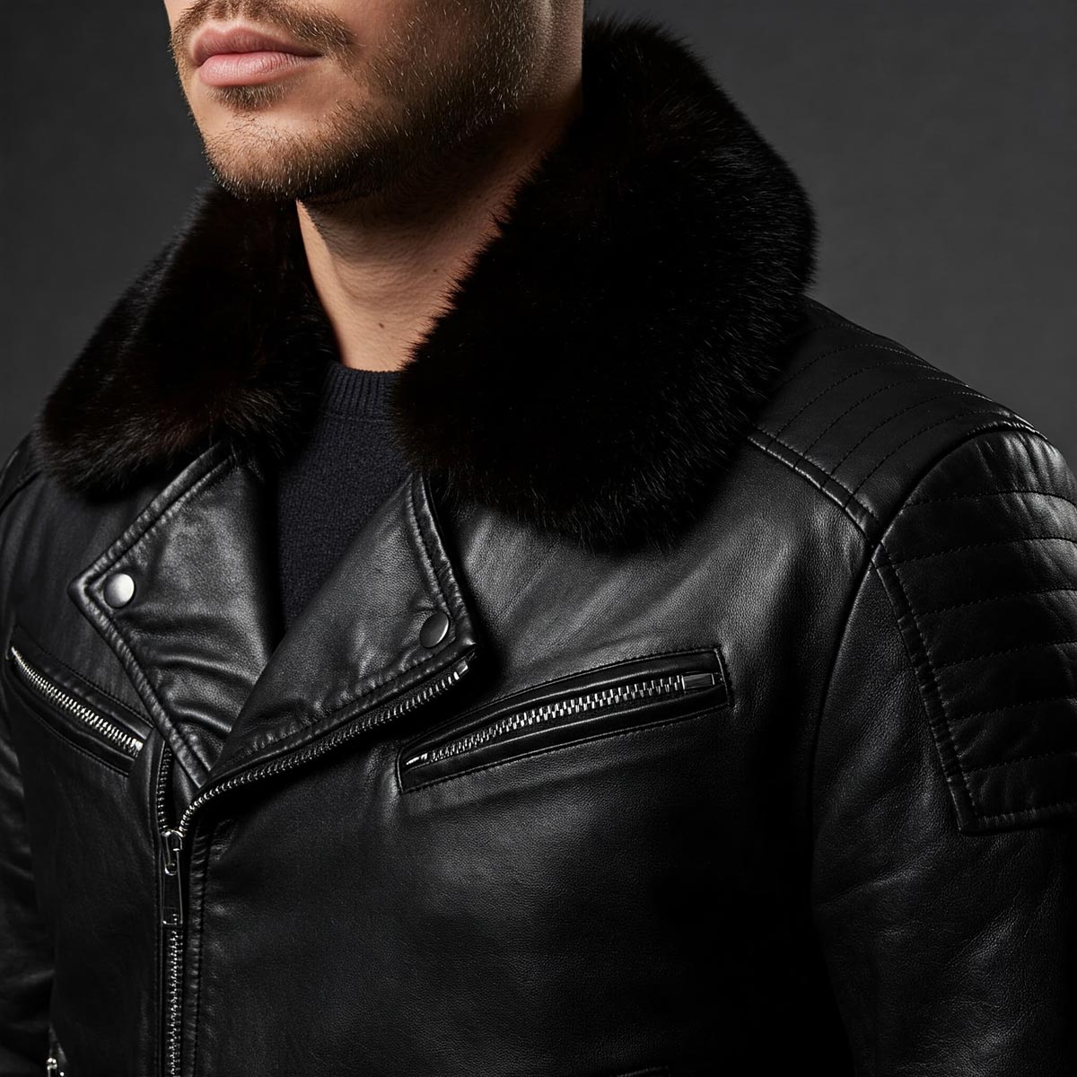 Close-up of a stylish men's black leather jacket with a luxurious fur collar detail.