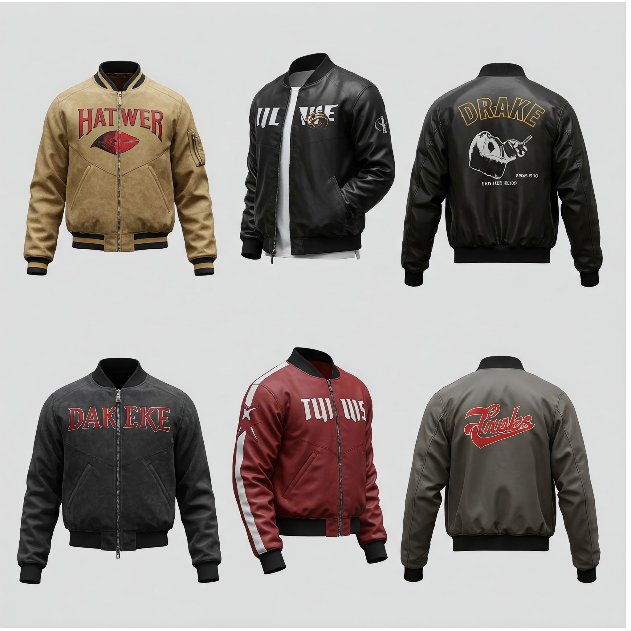 Collection of multi-style drake jackets including bomber, varsity, and vintage designs