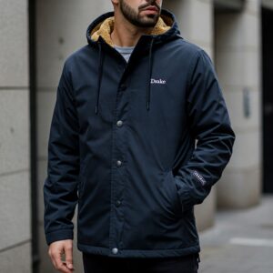 Navy hooded winter drake jackets with fleece lining and button-up front