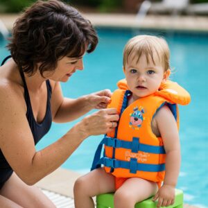 A parent assisting a child in putting on a comfortable and secure life jacket for kids before water activities.