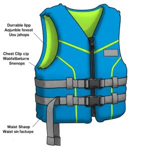 Close-up illustration emphasizing key safety features of a children's life jacket, such as buckles, straps, and reflective elements.
