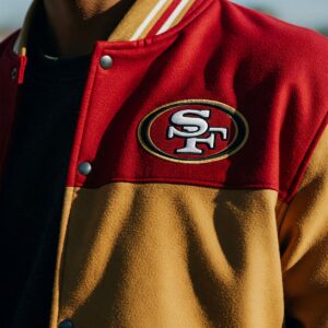 Close-up of a stylish San Francisco 49ers jacket, showcasing team colors and logo.