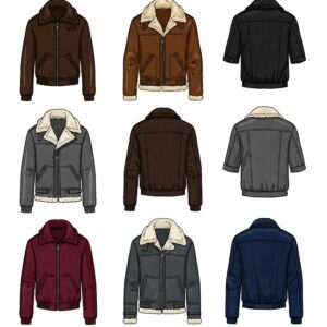 Various styles and colors of men's shearling and fur jackets arranged in a grid layout