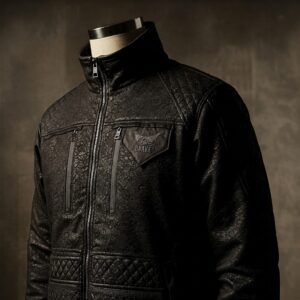 Textured black drake jackets featuring embossed fish logo and quilted shoulders