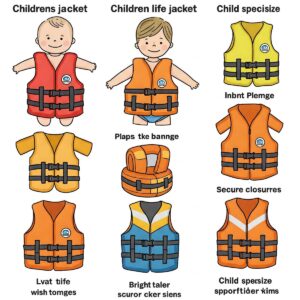 Illustration showcasing various types of children's life jackets, including infant, toddler, and child sizes.