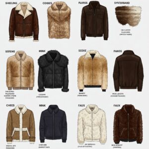 Illustrated guide of different men's fur jacket types including shearling, mink, and faux fur styles