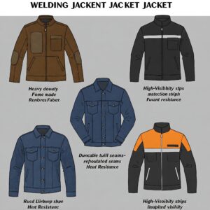 Illustrated comparison of different types of welding jackets, showing various materials, visibility features, and protection levels.