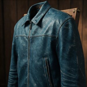 A vintage-style blue leather jacket with a worn-in aesthetic.