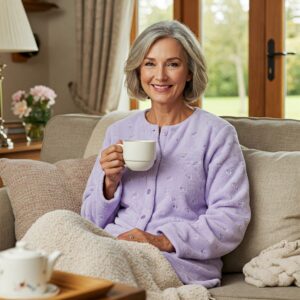A person enjoying the comfort of a bed jacket while reading a book in