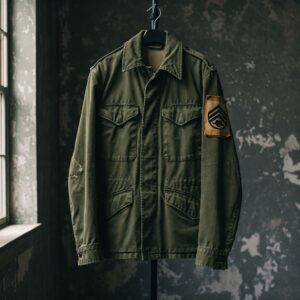 Vintage olive military jacket hanging by a window, featuring a sergeant patch on the sleeve.