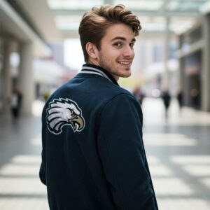 Person wearing a comfortable and fashionable eagles varsity jacket.