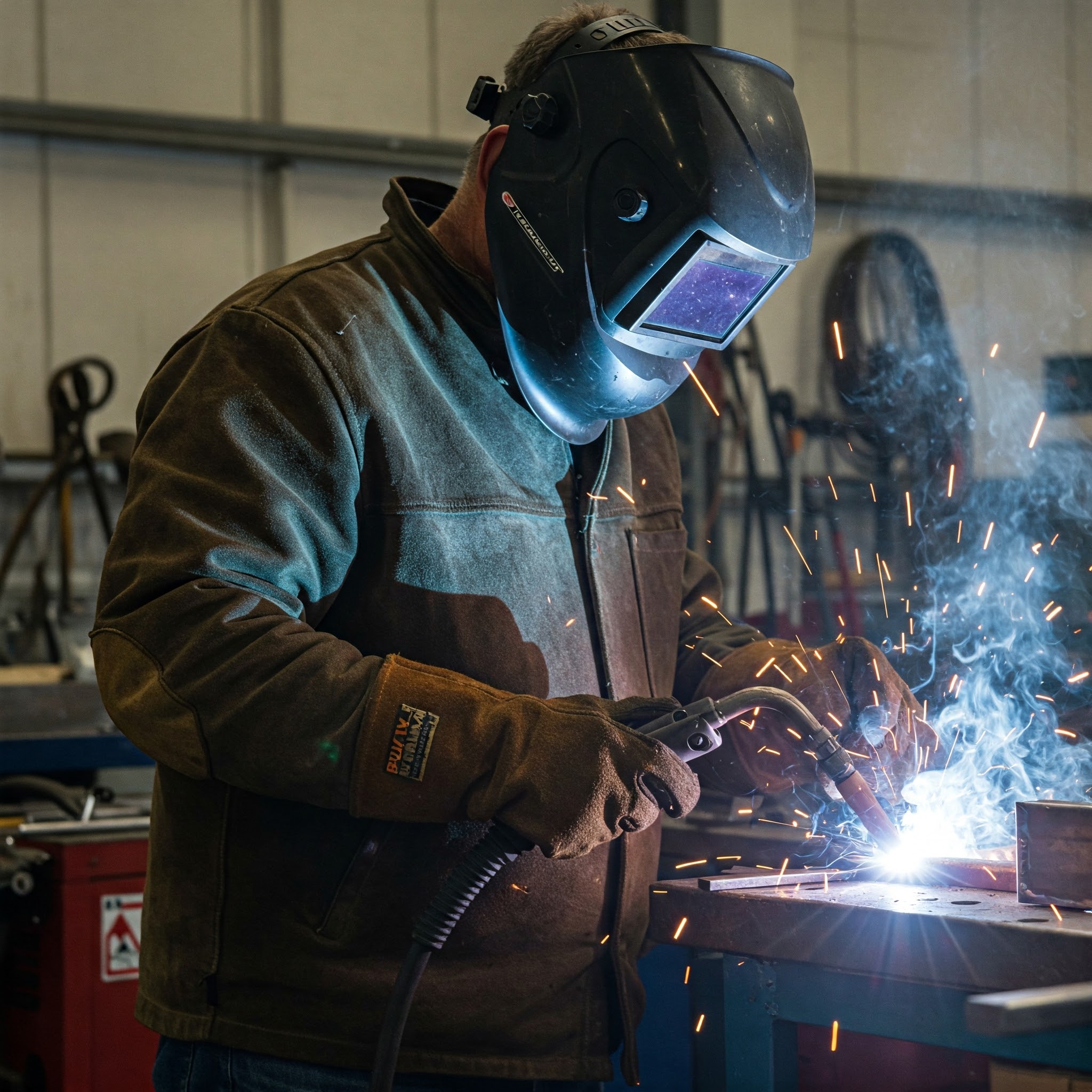 A welder wearing a heavy-duty welding jacket and gloves while welding metal indoors, with sparks and protective helmet visible.