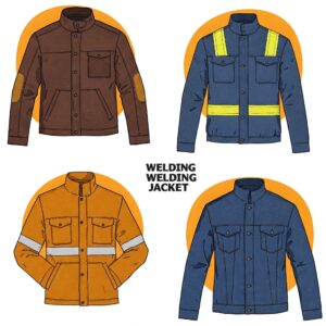 Illustration of four different welding jacket designs including denim, high-visibility, and leather-reinforced styles.