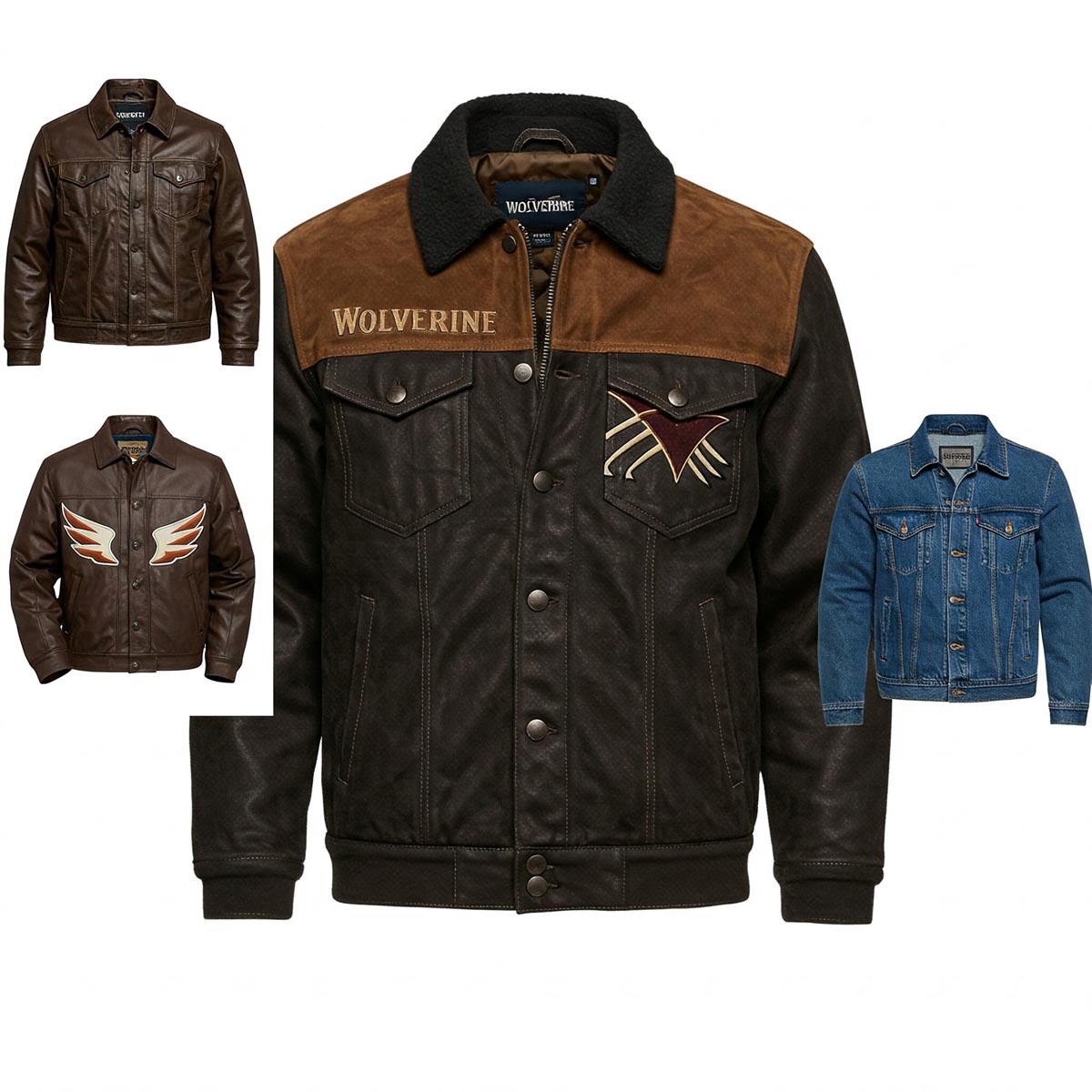 A collage of Wolverine jackets including brown leather, denim, and embroidered designs with bold graphics and branding.