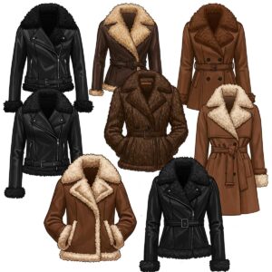 A woman stylishly wearing a brown leather jacket with fur trim in an urban setting.