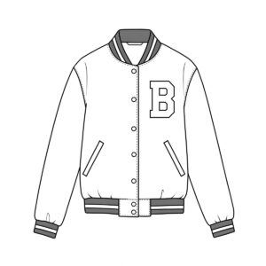 Simple line art illustration of a classic design for a women's varsity jacket.