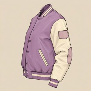 Close-up illustration showcasing the detailed features of a women's varsity jacket, including ribbed cuffs and collar.