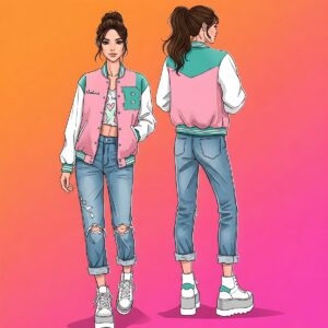 Fashion illustration depicting a trendy outfit featuring a women's varsity jacket paired with jeans and sneakers