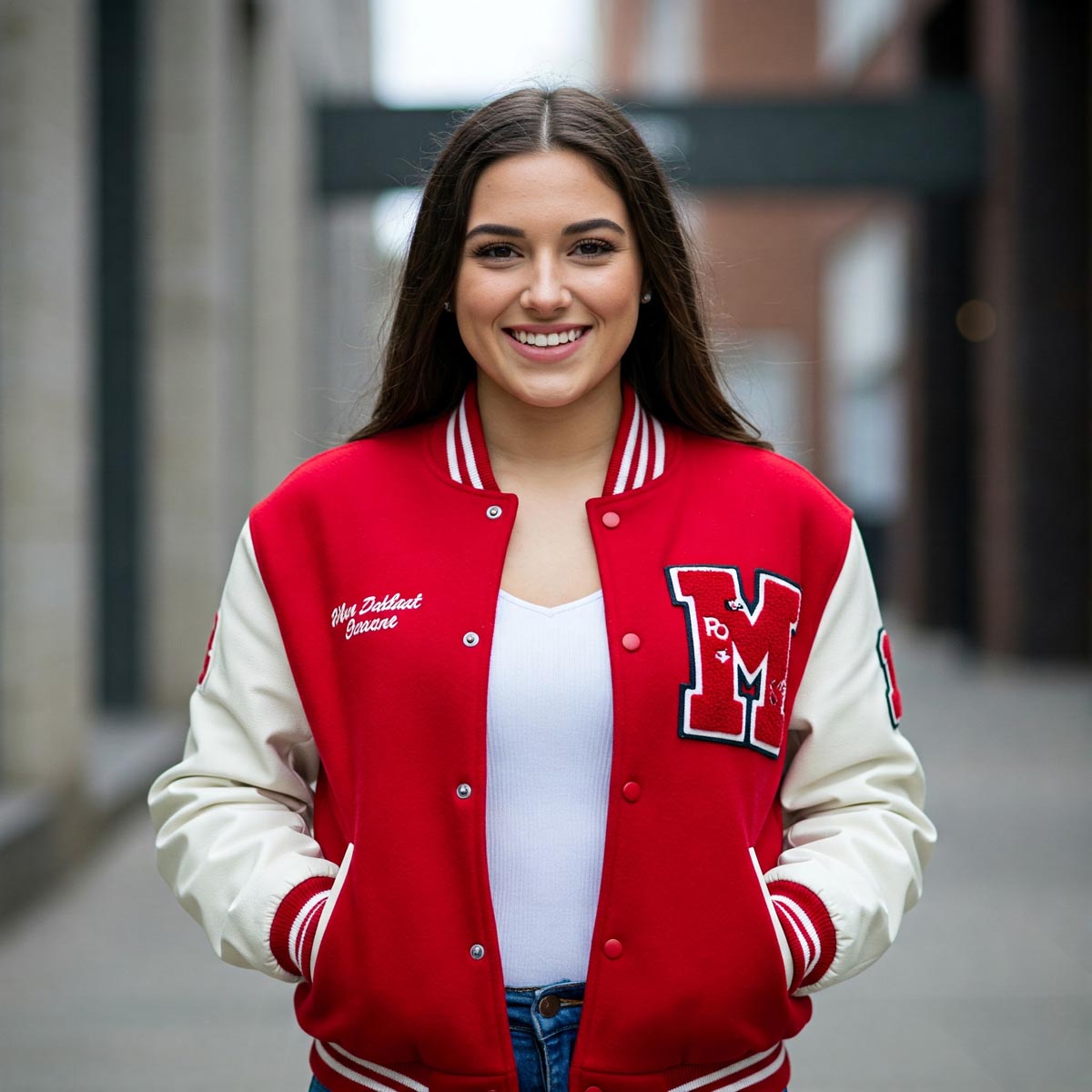 A stylish woman smiles while wearing a vibrant red women's varsity jacket with white accents.