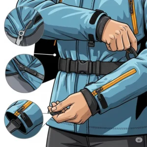 Illustration highlighting adjustable features like waist straps and cuff zippers on a women's motorcycle jacket for a custom fit.