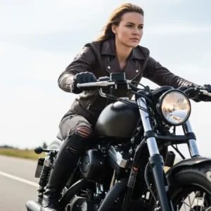 Woman confidently riding a motorcycle, wearing a protective yet stylish leather biker jacket.