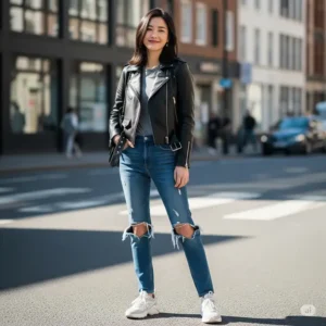 Woman posing casually in a street style shot, effortlessly sporting a trendy biker jacket for women.