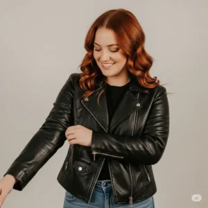 Woman trying on a new biker jacket, showcasing the fit and style of women's leather jackets.