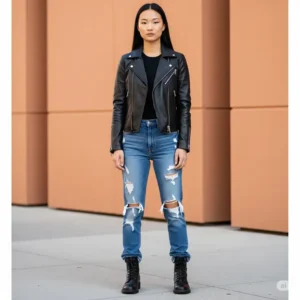 A black moto jacket effortlessly paired with distressed jeans and boots for a classic casual look.