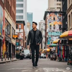 A person wearing a stylish black moto jacket while walking through a vibrant city street, perfect for urban exploration.