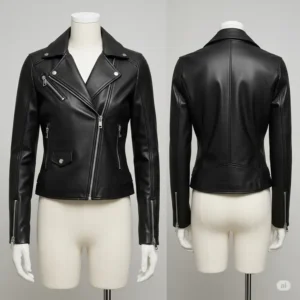Front and back view of a sleek black moto jacket displayed on a mannequin, showcasing its cut and design.