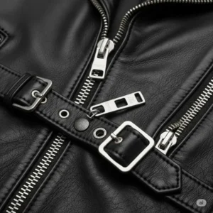 Close-up of the intricate silver hardware, including zippers and buckles, on a black moto jacket.