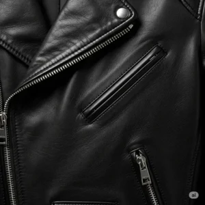 Detailed close-up of the premium leather texture on a black moto jacket, highlighting its quality and durability.