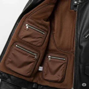 Inside view of a black moto jacket, showing the comfortable lining and practical interior pockets.