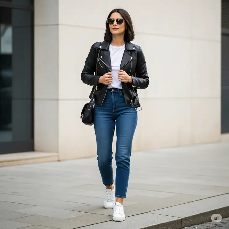 A stylish person confidently wearing a classic black moto jacket, perfect for a versatile everyday outfit.