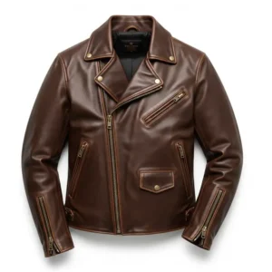A rich brown cafe racer leather jacket, offering an alternative classic color for motorcycle riders and fashion lovers.