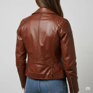 Back view of a brown leather moto jacket, displaying shoulder detailing and a comfortable fit.