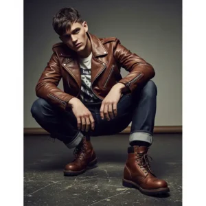 Styling idea featuring a brown leather moto jacket paired with rugged boots for an edgy look.