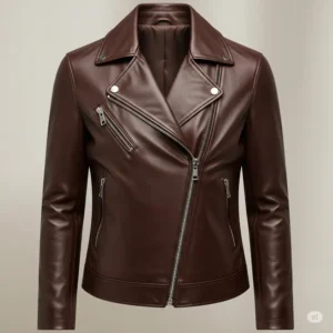 Full front view of a zipped-up brown leather moto jacket, highlighting its asymmetrical zipper and classic lapels.