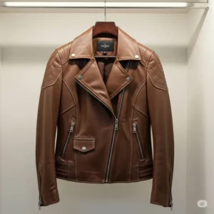 A stylish brown leather moto jacket neatly displayed on a hanger, ready to wear.