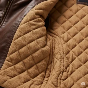 Inside view of a brown leather moto jacket, showcasing its soft, quilted lining.