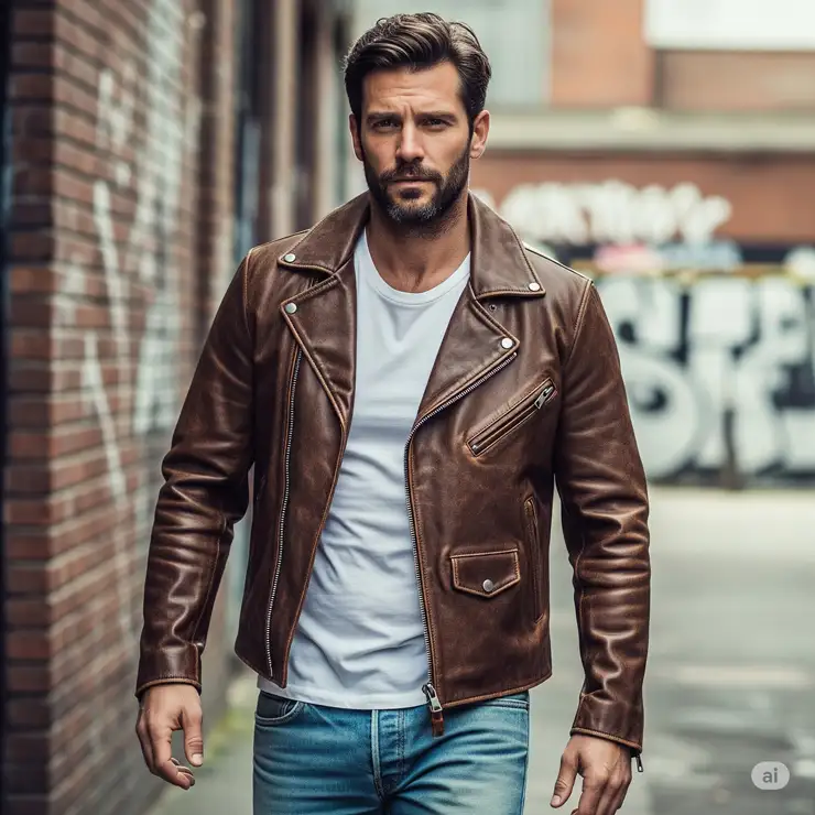 Man wearing a classic brown leather moto jacket with a white t-shirt and jeans, showcasing its versatile style.