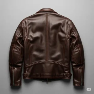  Back view of a cafe racer leather jacket, emphasizing the clean lines and practical design elements.