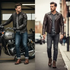 A versatile cafe racer leather jacket paired with jeans and boots, illustrating its appeal for both riding and everyday casual wear.