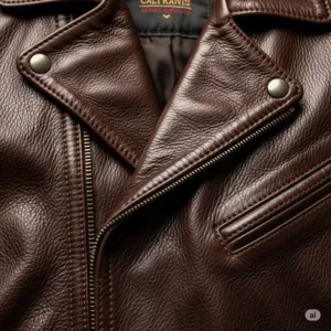 Detailed close-up of premium cowhide leather on a cafe racer jacket, highlighting its durable and stylish texture.
