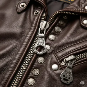 Close-up of the robust zipper and metal hardware on a cafe racer leather jacket, indicating quality construction.