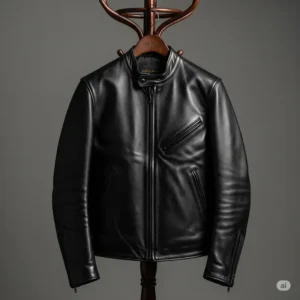 A sleek cafe racer leather jacket hanging neatly, showcasing its tailored fit and timeless design.
